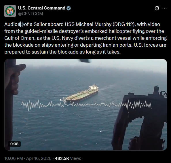 U.S. naval forces diverting a tanker as part of the U.S. blockade on April 16 (Credit: CENTCOM/X)