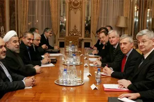 Hassan Rouhani with his EU3 interlocutors in 2004. He exploited the negotiations to further advance Iran’s nuclear program, despite temporarily suspending uranium enrichment.