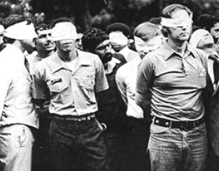 Iran hostages with blindfolds on